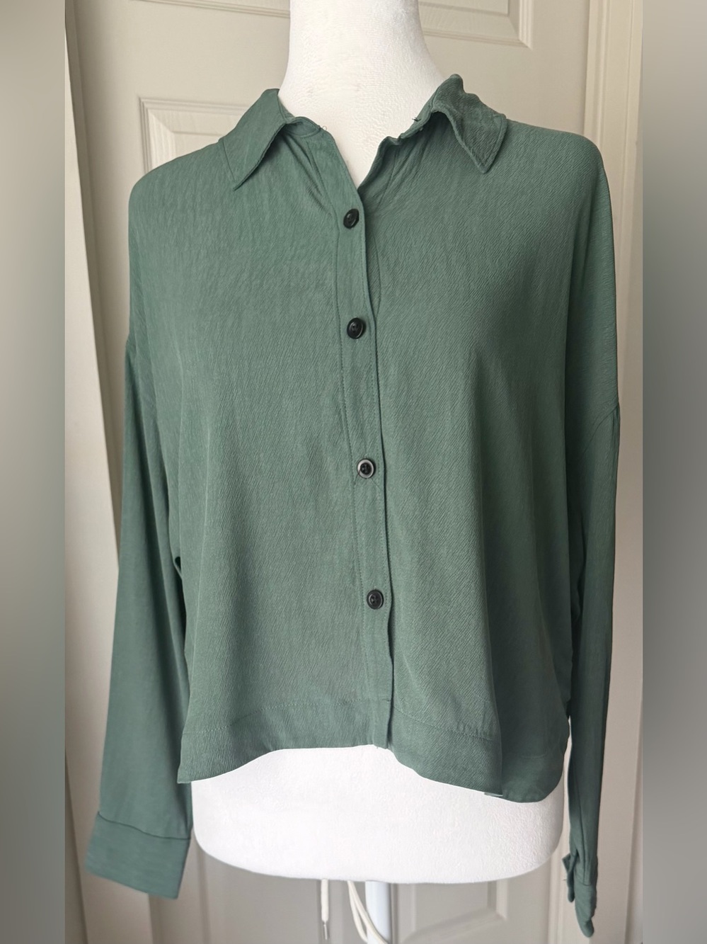 Madewell S Sage Green Lyocell Button Front Shirt Blouse Cropped Boxy Oversized - Picture 11 of 14